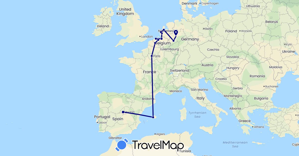 TravelMap itinerary: driving in Belgium, Germany, Spain, France, Netherlands (Europe)